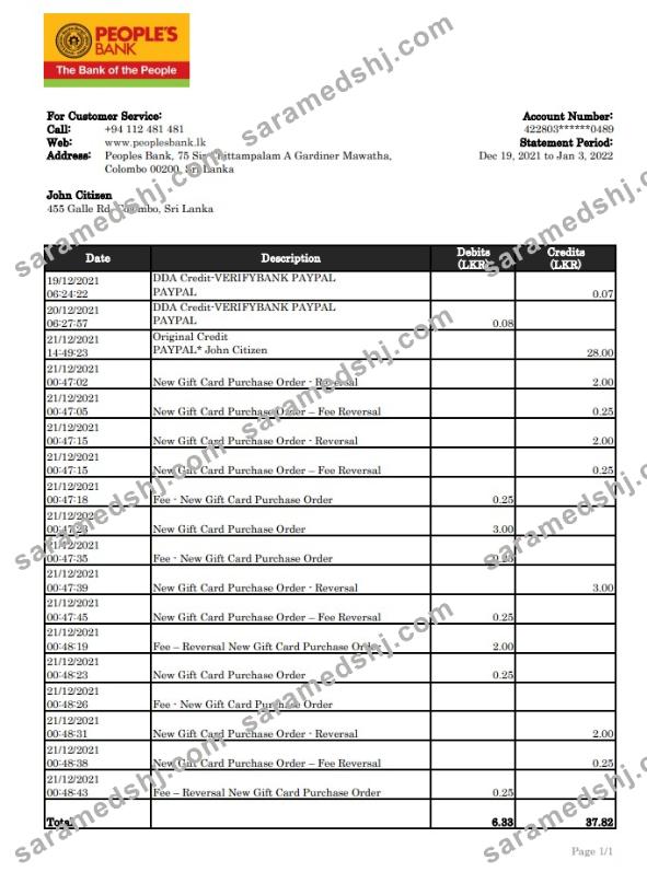 Sri Lanka People's Bank statement xls